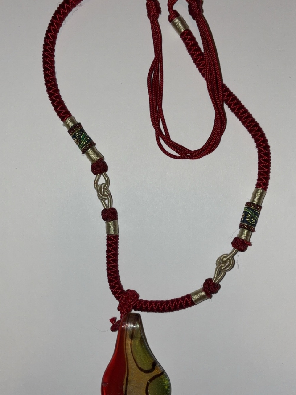 Red Cord Pendant Necklace with Multicolor Glass Teardrop - Women Jewelry